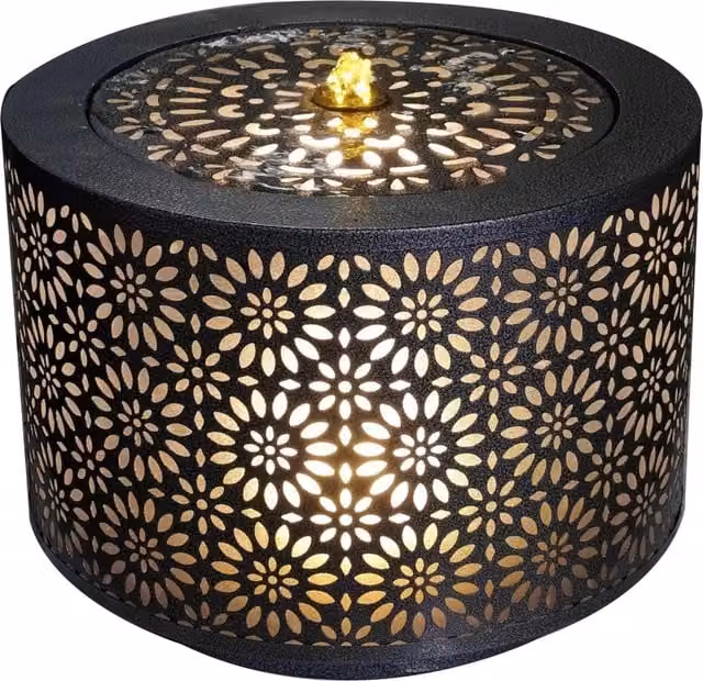 Serenity Moroccan Marrakech LED Lantern Effect Tabletop Cascade Water Feature in Grey and Black Metal