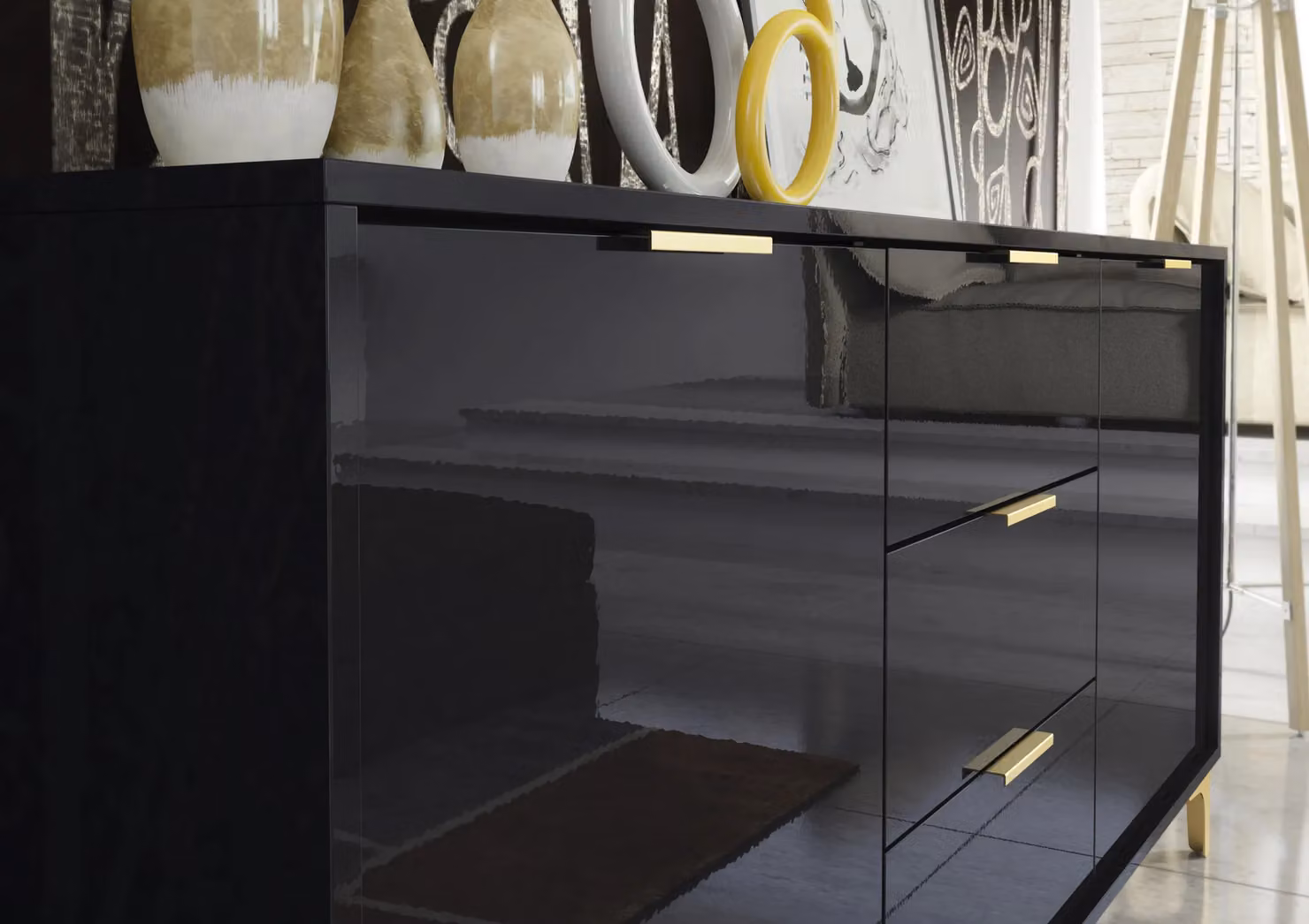 Mex Furniture LTD Lux High Gloss Sideboard in Black and Gold, W: 140 cm, H: 80 cm, D: 35 cm – 3