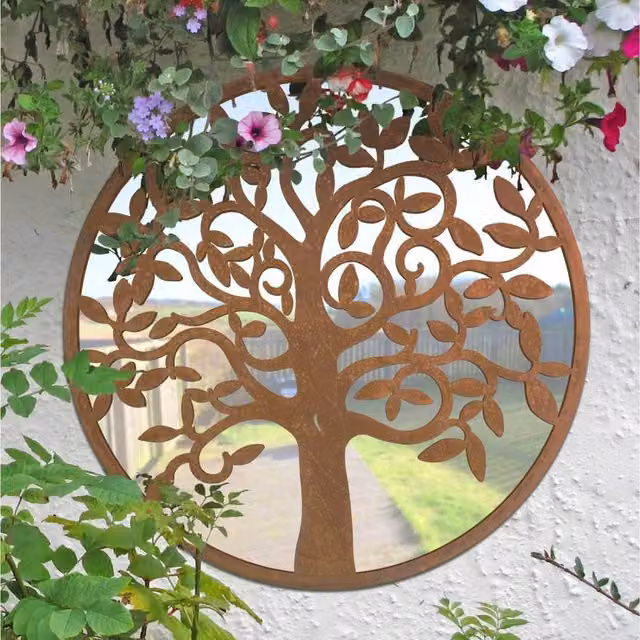 MirrorOutlet Tree Design Round Metal Garden Wall Mirror, Brown, W/D/H: 60 x 60 x 60 cm
