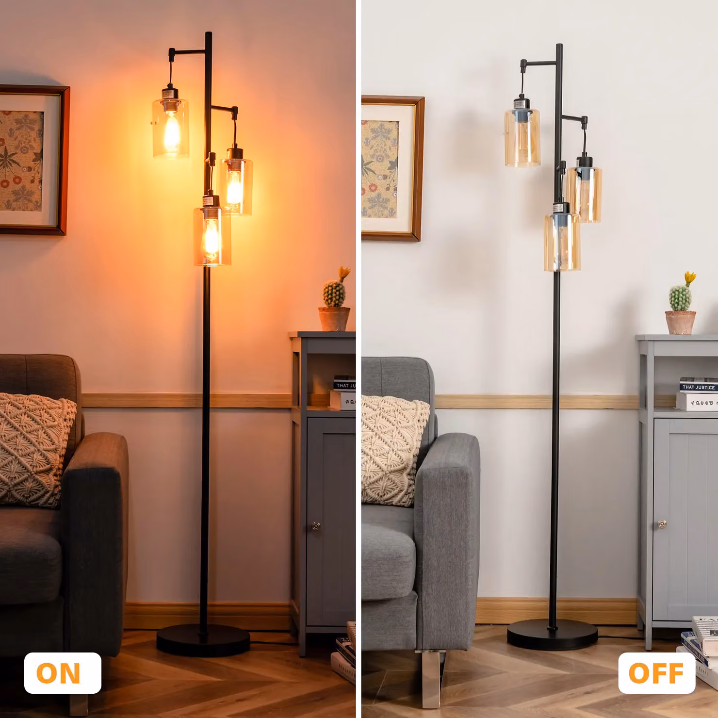Costway Industrial 3-Light Metal Floor Lamp with Amber Transparent Glass Shades in Black – 4