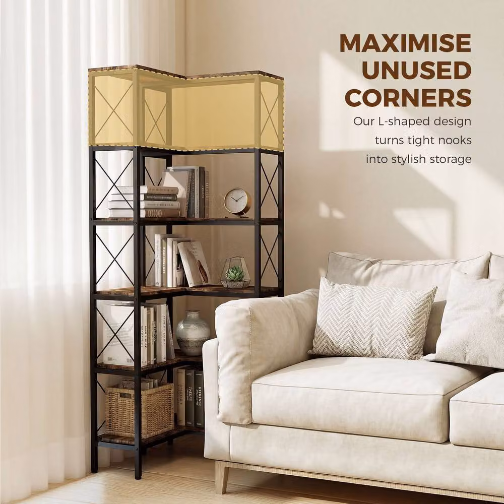 HOMCOM L-Shaped 5-Tier Corner Bookshelf with Metal Frame in Rustic Brown – 4