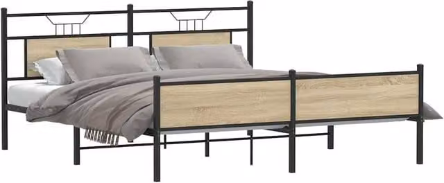 Berkfield Home Metal and Wood Bed Frame in Sonoma Oak Brown, W/D/H: 160 x 200 x 91.5 cm – 1