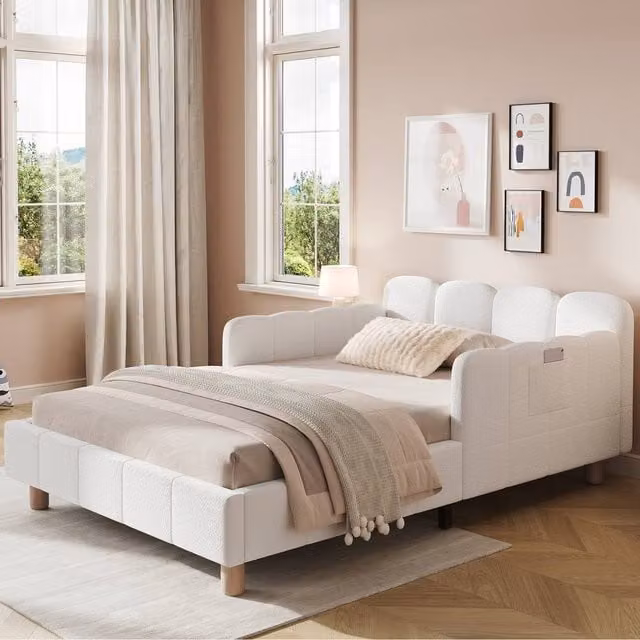 Matteo Beige Bouclé Upholstered Children's Single Bed with Safety Rail and Side Compartments, W/D/H: 90 x 190 x 64 cm – 1