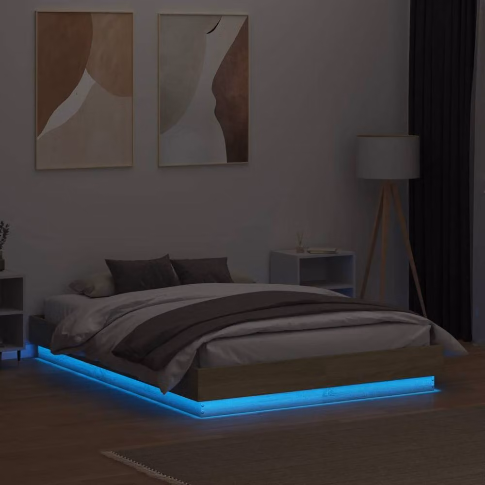 Berkfield Home Sonoma Oak Double Bed Frame with LED Under-Bed Lighting and USB Charging Port, W: 135 cm, L: 190 cm, Light Oak – 3