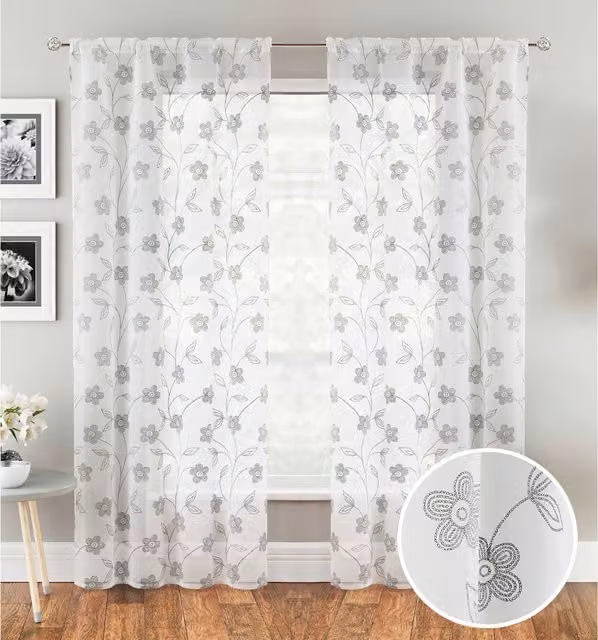 Tyrone Textiles Pair of Grey Floral Print Sheer Voile Rod Pocket Fabric Panels, Height: 183 cm