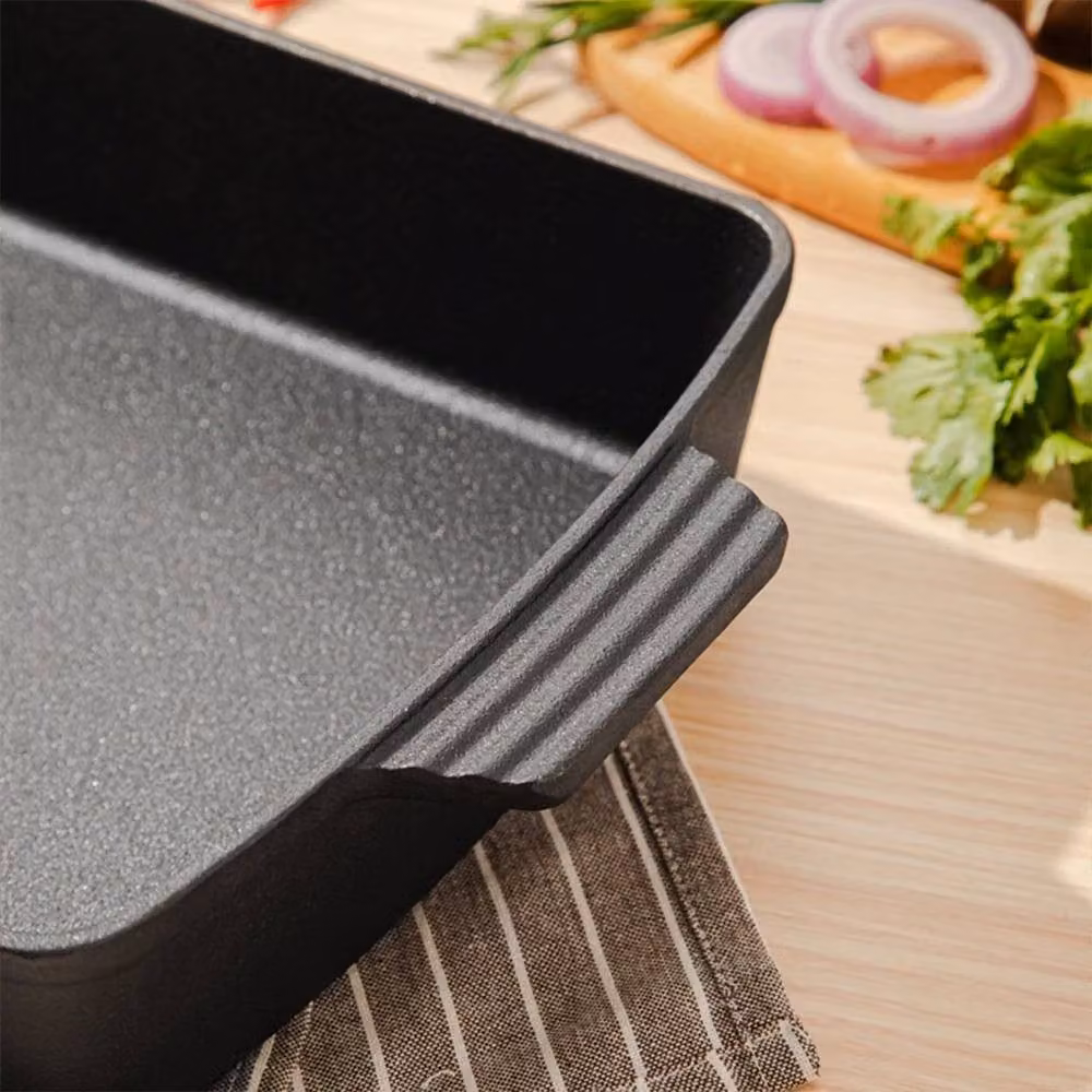 EONLION Black Uncoated Cast Iron Rectangular Roasting Dish with Dual Handles, 100 cm – 4