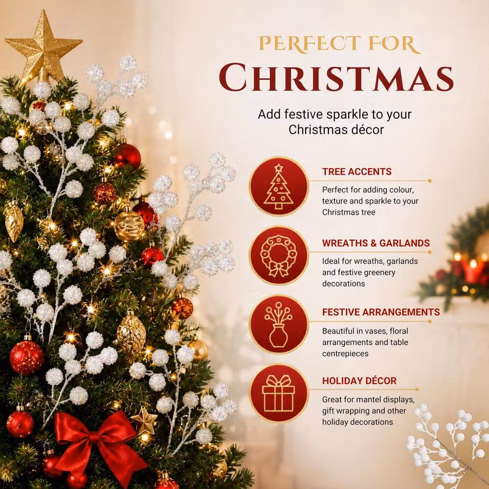 Shatchi 18 Pack Iridescent White Glitter Berry Picks for Christmas and Winter Decor, Height: 45 cm – 4