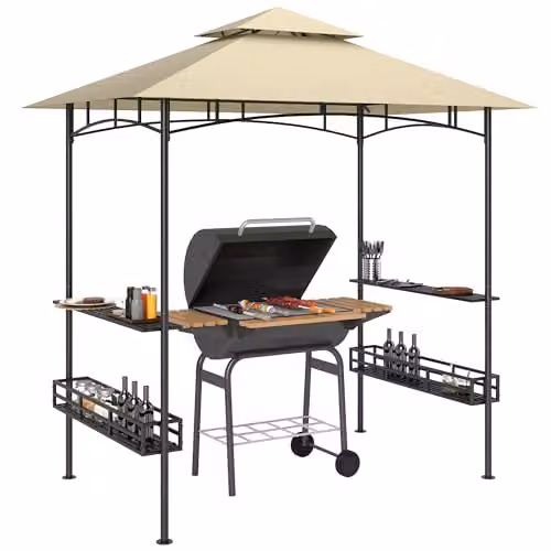 Outsunny Beige Grill Gazebo Canopy with Shelving, W: 257 cm, D: 150 cm, H: 26 cm