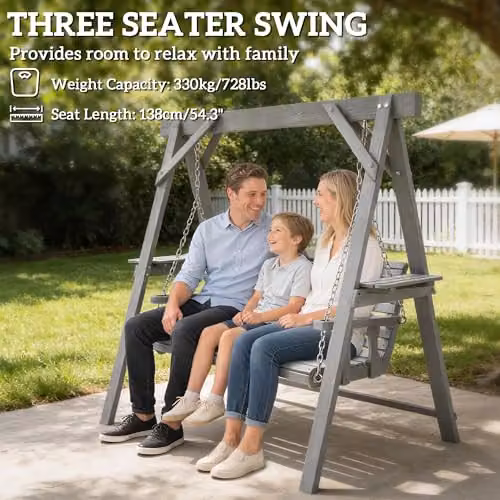 Outsunny 3 Seater Wooden Garden Swing Seat with Side Tables and Cushions, Grey, W/D/H: 217 x 124 x 171 cm – 3
