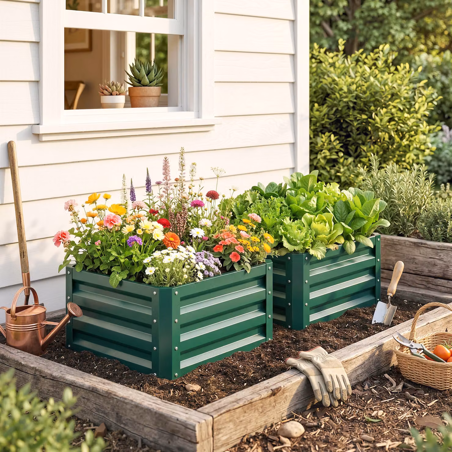 Outsunny Set of 2 Raised Galvanised Steel Garden Planter Boxes for Flowers and Herbs, Green, W/D/H: 60 x 60 x 30.5 cm – 6