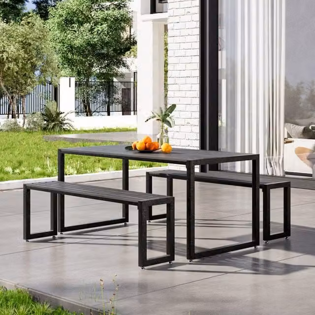 Breeins Modern Slatted Garden Table and Benches Set with Parasol Hole in Grey and Black Composite and Metal