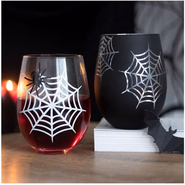 KDMK Set of 2 Spider and Web Stemless Wine Glasses, Multicolour Transparent Glass, 500 ml