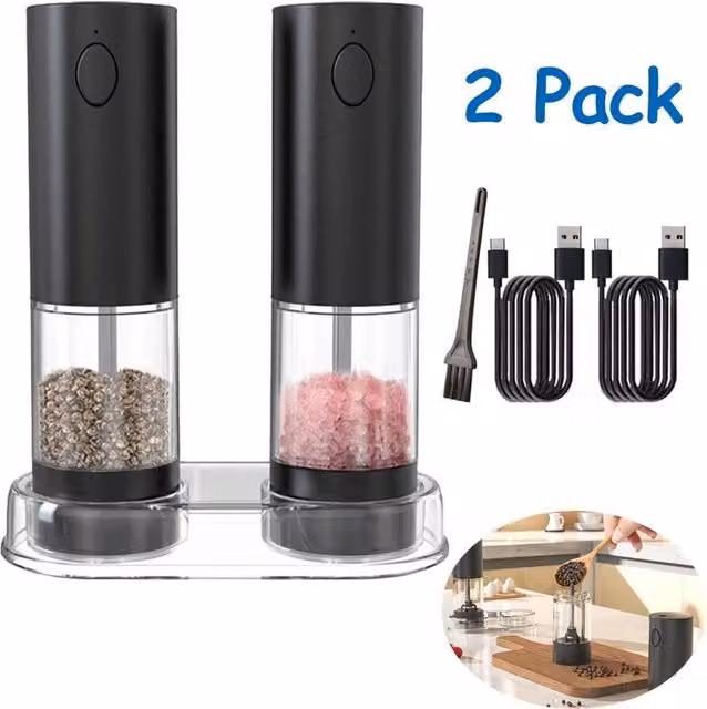 EONLION Rechargeable Automatic Salt and Pepper Mill Set in Black and Transparent Ceramic and Glass – 1