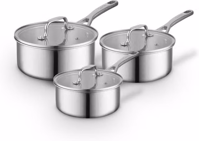 Sur La Table Ply 3 Piece Stainless Steel Saucepan Set with Tempered Glass Lids in Silver and Grey, Induction Compatible