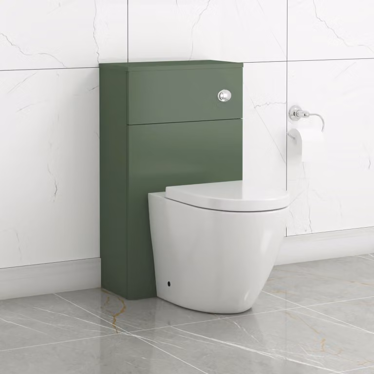 Royal Bathrooms Turin Matt Green WC Unit with Elva Rimless Ceramic Toilet Pan, Seat and Cistern, Width: 50 cm