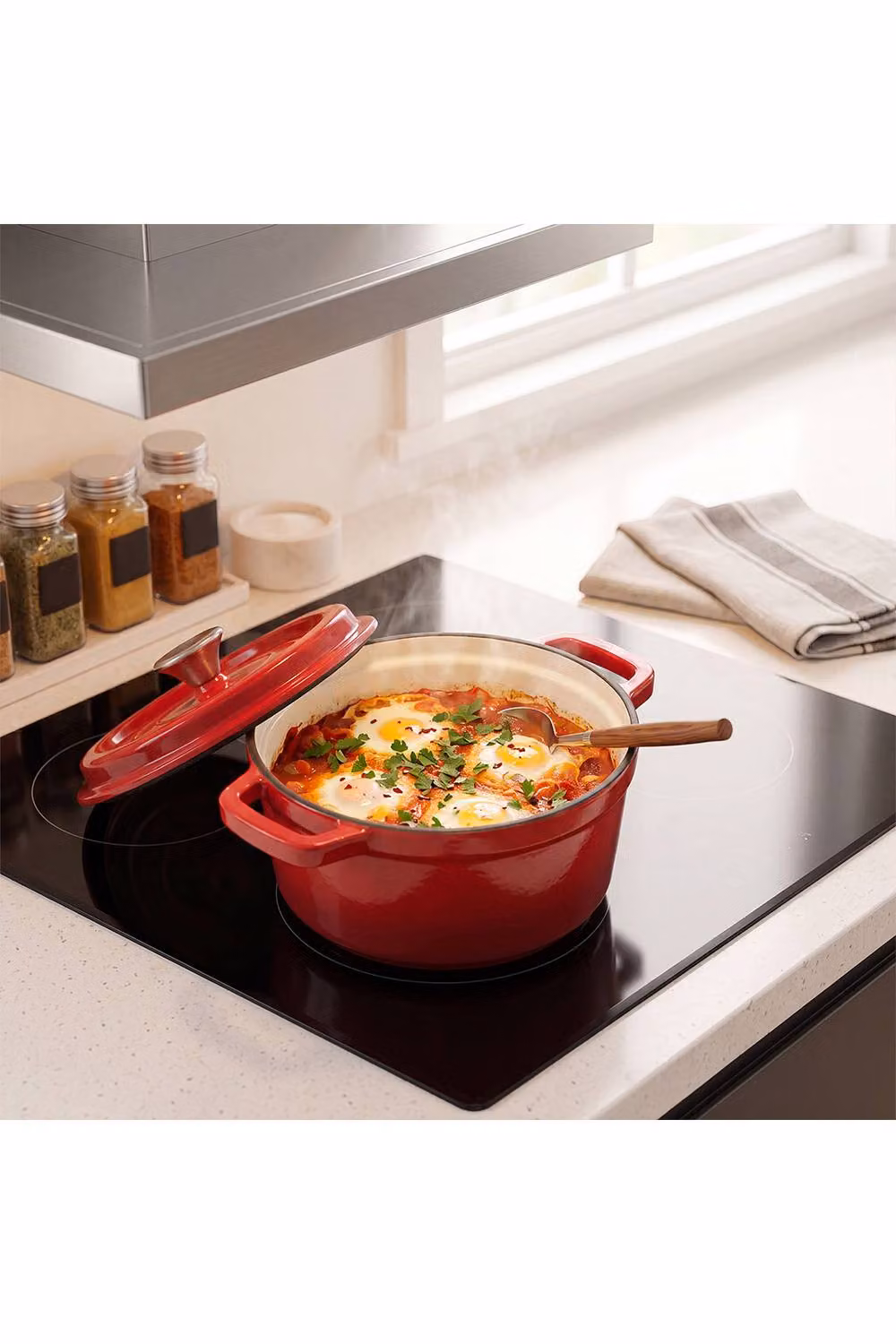 Living and Home Enamelled Cast Iron Dutch Oven Casserole Pot with Glass Lid, Red, 5 L – 2