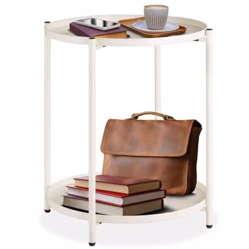 tectake Round Minimalist Side Table in Cream with Height-Adjustable Feet, W/D/H: 45.5 x 45.5 x 53 cm