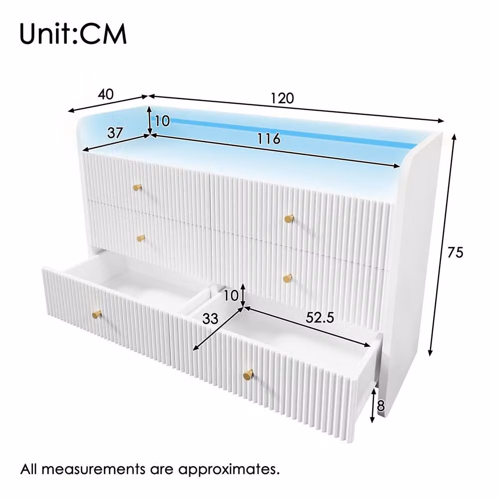 Matteo Modern Fluted Sideboard in White with Integrated RGB LED Lighting and 6 Drawers, W/D/H: 120 x 75 x 40 cm – 2