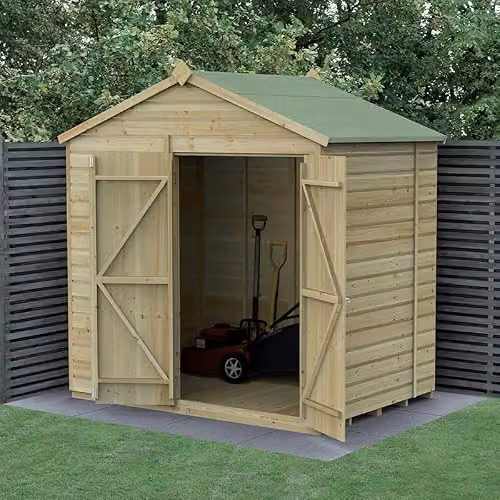 Forest Garden Rustic Wooden Apex Shed with Double Doors and Floor in Green and Brown, W: 213.36 cm, D: 152.4 cm, H: 230.05 cm – 2