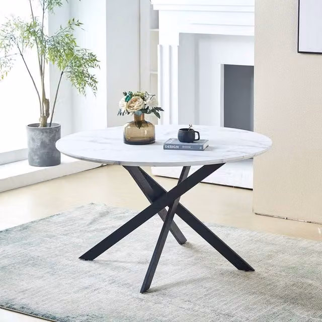 HomeTouch Modern Round White Marble Effect Dining Table with Black Metal Legs, Diameter: 120 cm, Height: 75 cm – 1