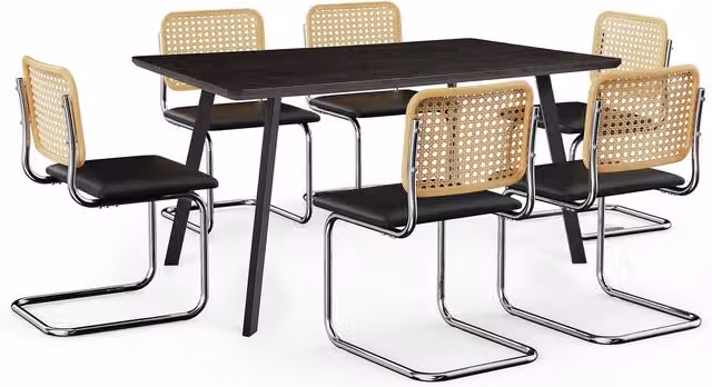 VonHaus Rectangular Dining Table Set with 6 Chairs in Brown Wood and Metal