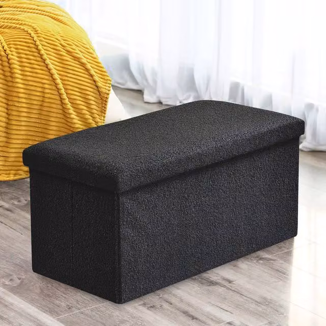 Home Republic Teddy Boucle Foldable Storage Ottoman in Black, Small