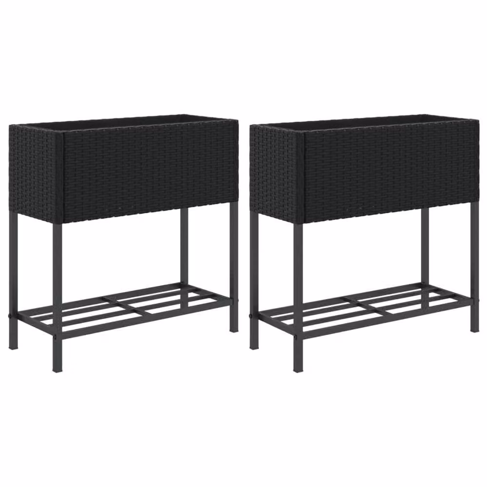 Berkfield Home Garden Planters with Shelf, 2 Piece Set, Black Poly Rattan, H 70 cm x W 70 cm x D 28 cm – 2