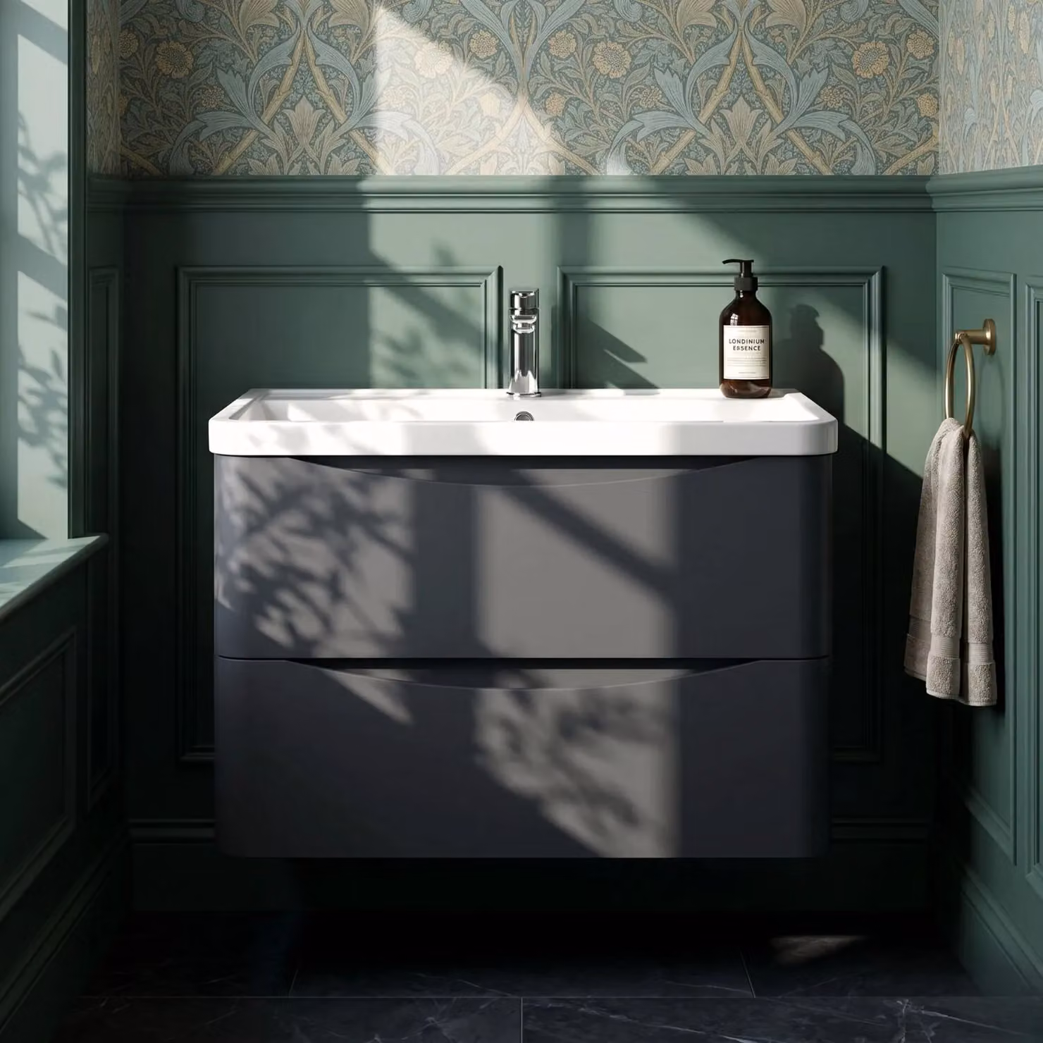 Balterley Wall Hung 2 Drawer Bathroom Vanity Unit and Basin, Dark Grey, Width: 75.5 cm – 5