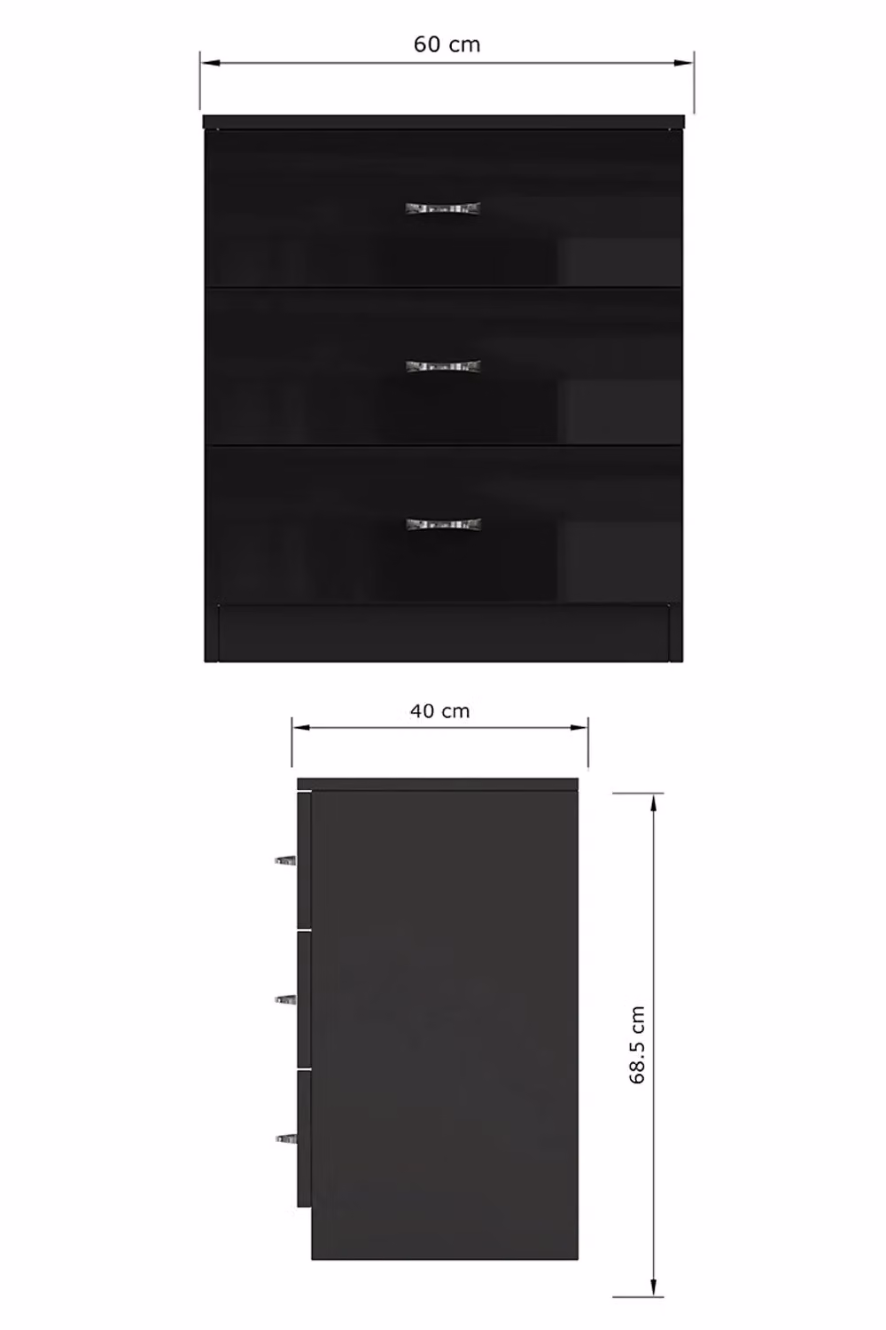 FWStyle Chilton Black Gloss 3 Drawer Chest, H 68.5 x W 60 x D 40 cm – 5