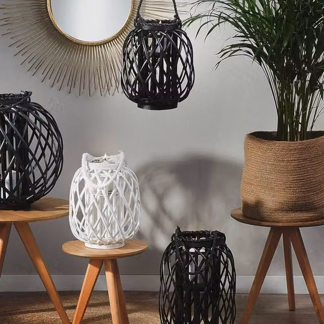 Wyld and Coco Nordic Boho Willow Lantern Black Woven Oval Candle Holder W: 40 cm, H: 26 cm