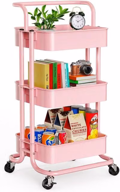 House of Home 3 Tier Metal Storage Cart on Wheels, Pink