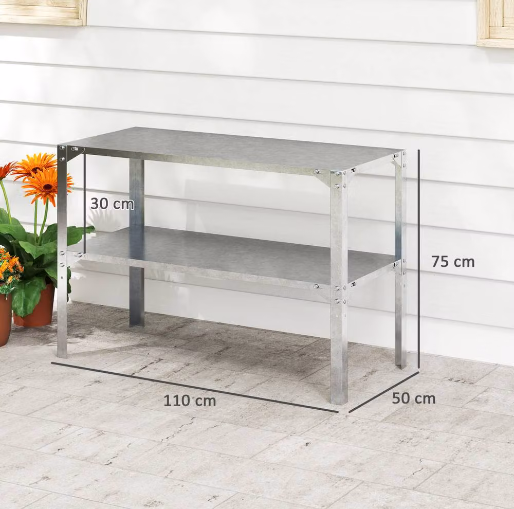 STILVORA 2 Tier Garden Potting Bench in Silver Galvanised Steel, W: 110 cm, H: 75 cm – 3