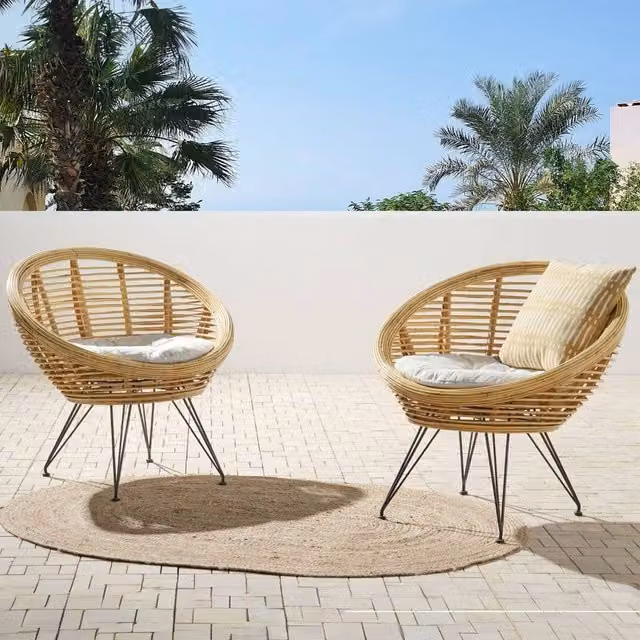 Wyld and Coco Set of 2 Natural Rattan Chairs with Beige Cotton Cushions and Powder Coated Iron Frames