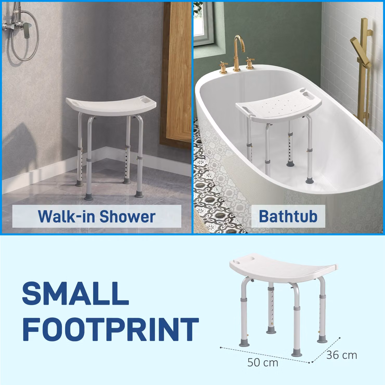 HOMCOM Aluminium Shower Stool with Adjustable Height and Non-Slip Legs in White and Cream – 3