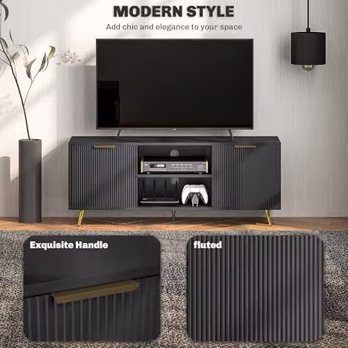HOMCOM Modern Black Fluted TV Stand for TVs up to 55 Inch with Geometric Storage Cabinets W/D/H: 120 x 40 x 48 cm – 3