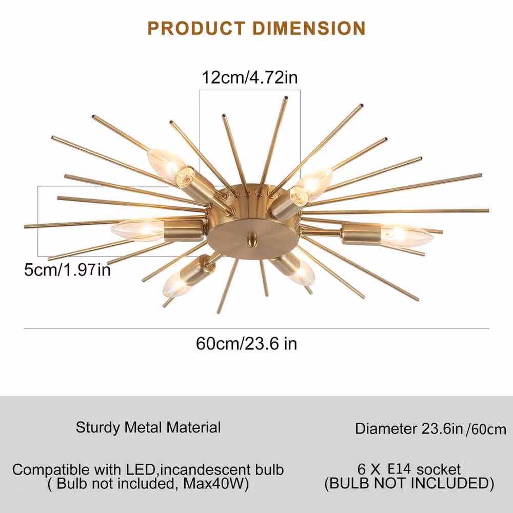 Garwarm 6-Light Sputnik Flush Mount Ceiling Light in Gold/Brass, 60cm Diameter, Dimmable and Adjustable – 3