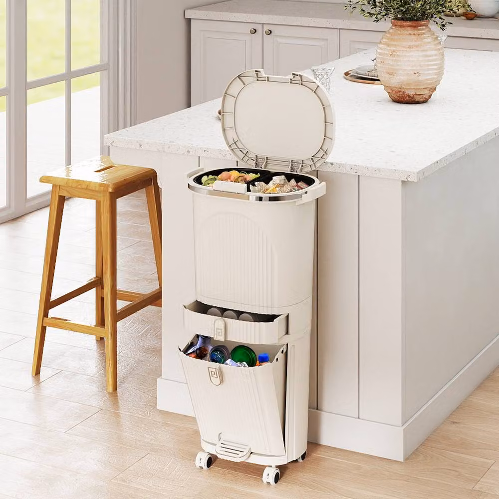 Gymax 42-litre Kitchen Recycling Bin with 2 Detachable Buckets and Wheels in Beige – 2