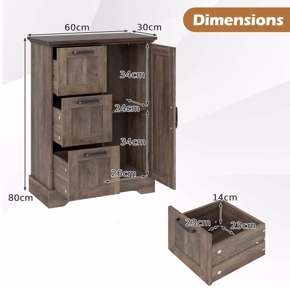Costway Grey Farmhouse Accent Floor Cabinet with 3 Storage Drawers and Hinged Doors – 2