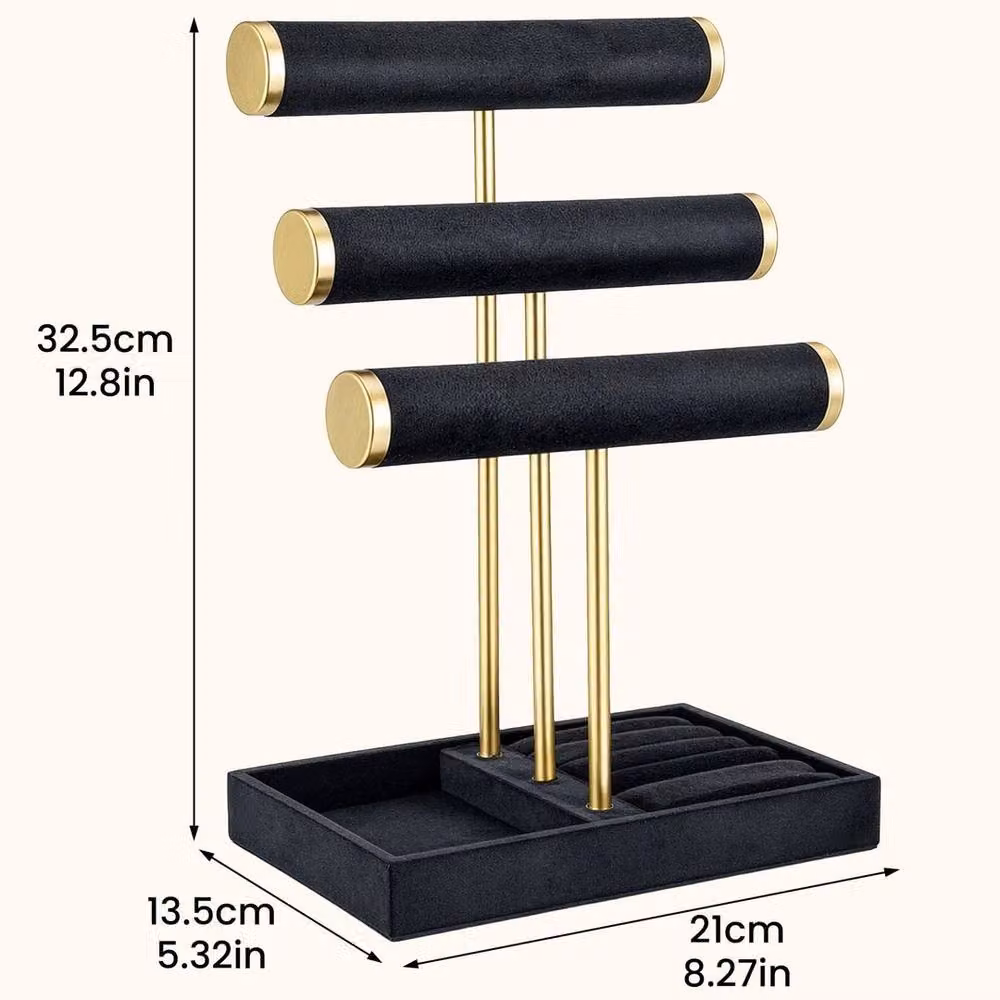 Kelvenix Black and Gold 3-Tier Jewelry Stand with Tray and Bracelet T-Bar – 2