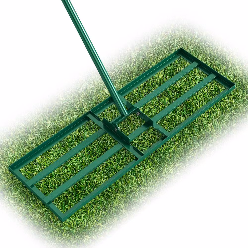 Costway Heavy-Duty Metal Lawn Leveling Rake with Adjustable Handle in Green – 9