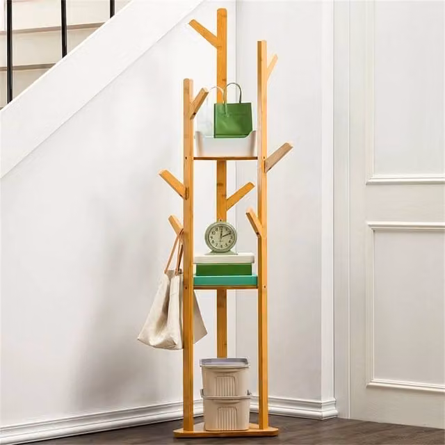 EONLION Freestanding Coat Rack with Shelves and Distributed Point Hooks in Brown