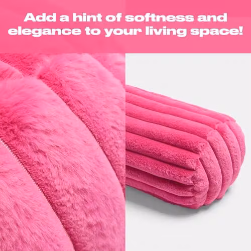 OHS Faux Fur Ribbed Round Bolster Pillow in Pink, W/D/H: 46 x 20 cm – 2
