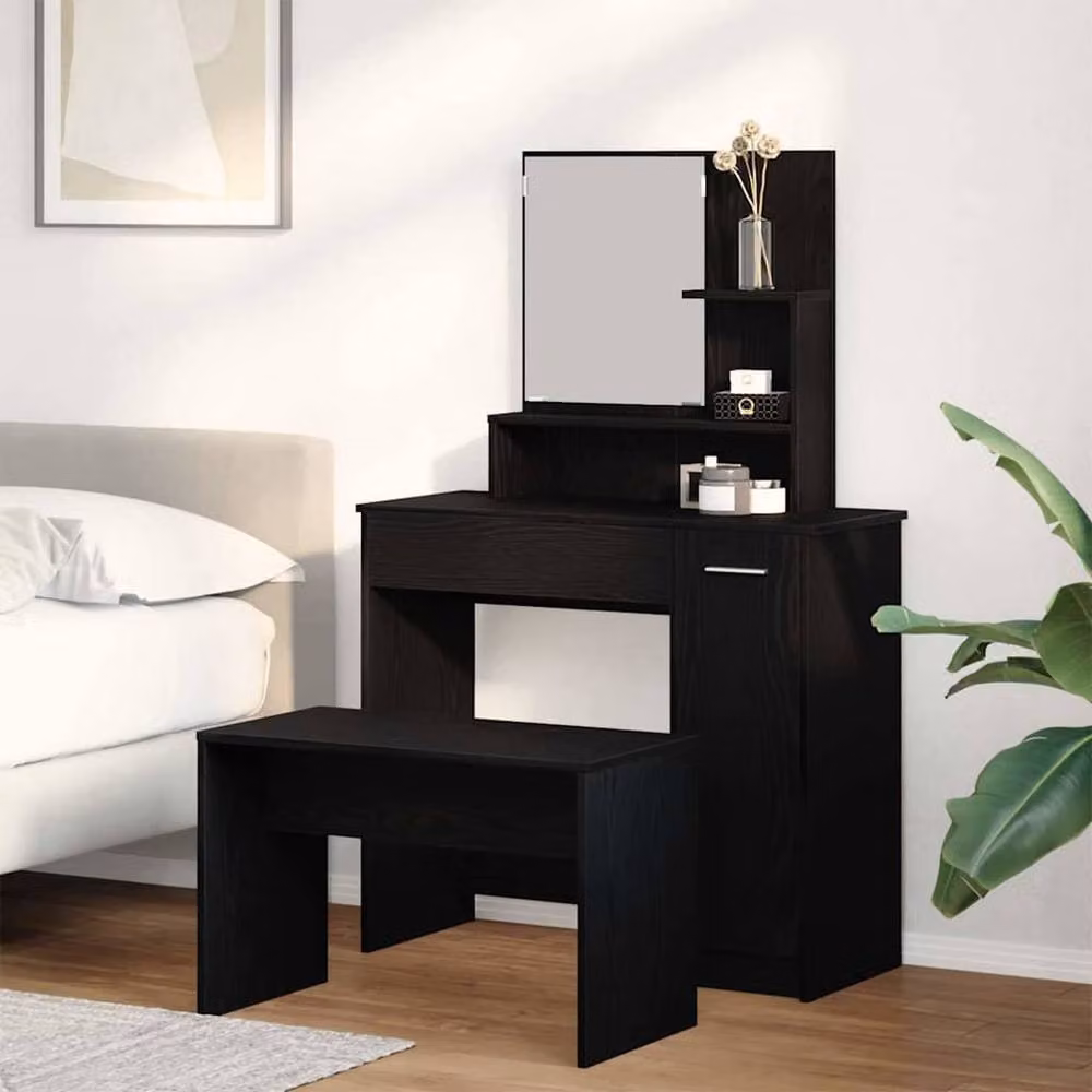 Berkfield Home Modern Black Oak Dressing Table Set in Matt Engineered Wood – 2