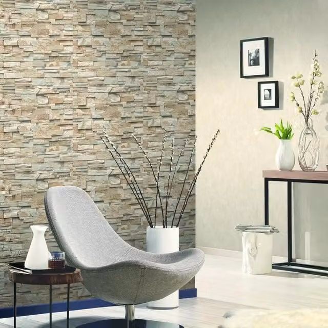 Erismann Split Face Tile Effect Vinyl Wallpaper in Cream, Beige and Yellow