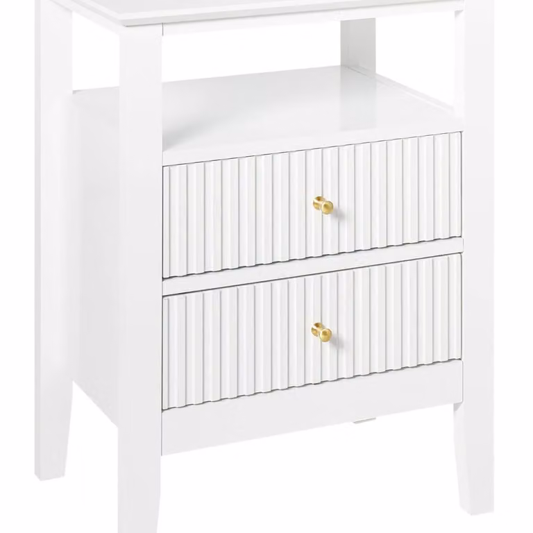 Wyld and Coco Luxe White Wood Wall Mounted Bedside Table with 2 Soft Close Drawers and Gold Handles