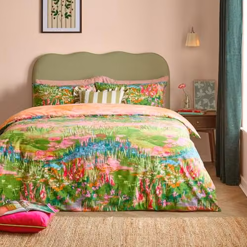 Riva Home Meadow Escape Reversible Floral Cotton Blend Duvet Cover Set, Green, Pink and Multicolour, W/H: 137 x 200 cm