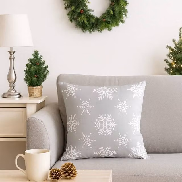 Voltico Grey Festive Christmas Cushion with Snowflake and Santa Hat Design, W/D/H: 35 x 35 x 35 cm