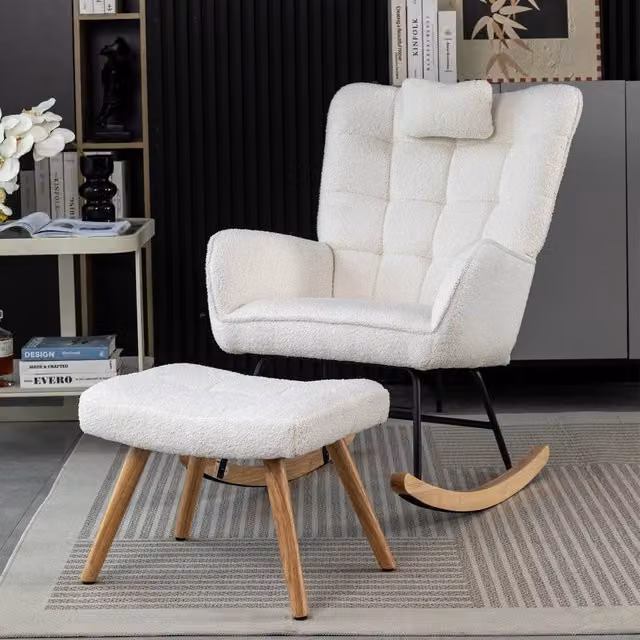 Rolipo White Bouclé Fabric Rocking Chair and Ottoman Recliner Lounger with Solid Wood Frame – 1
