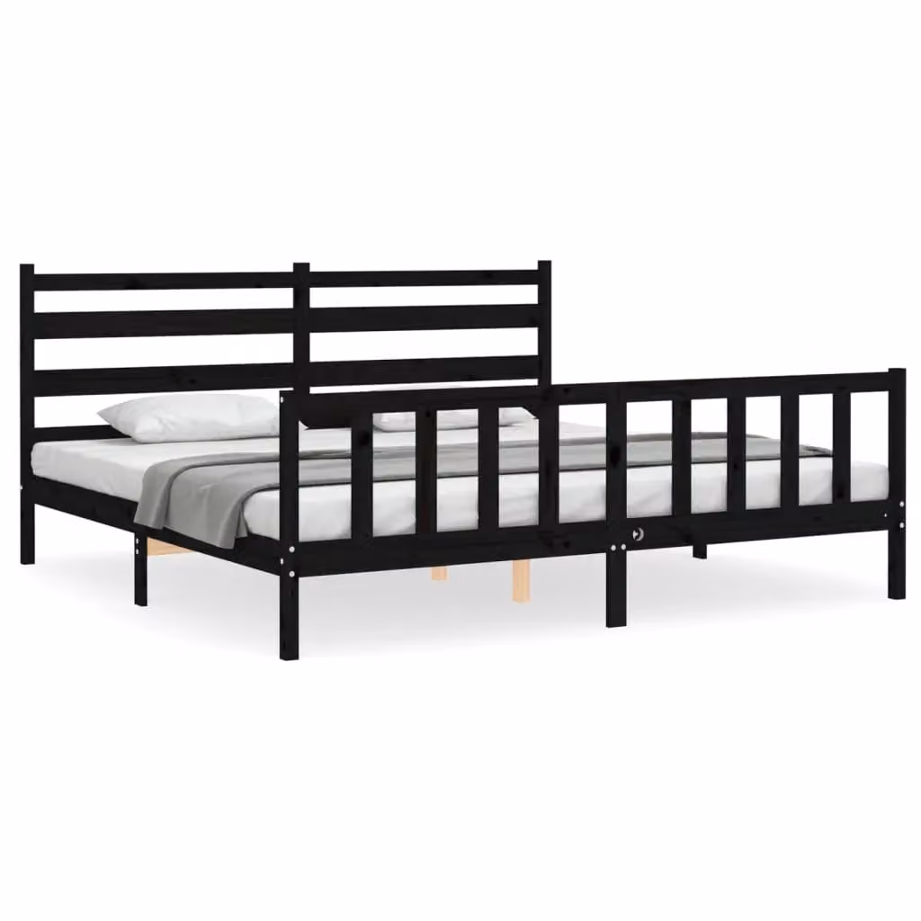 Berkfield Home Solid Wood Pine Bed Frame with Headboard in Black, 200 x 200 cm – 2