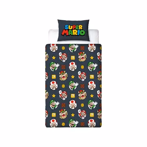 Character World Nintendo Super Mario Reversible Single Duvet Cover and Pillowcase Set, Black, Red and White, Duvet Cover: 135 x 200 cm, Pillowcase: 74 x 48 cm – 3